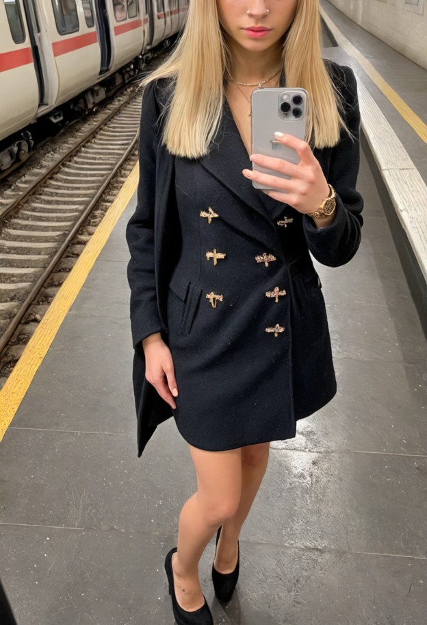 1girl standing at underground platform,serious expression,black wool coat buttoned up,wide collar gray blouse,black s…
