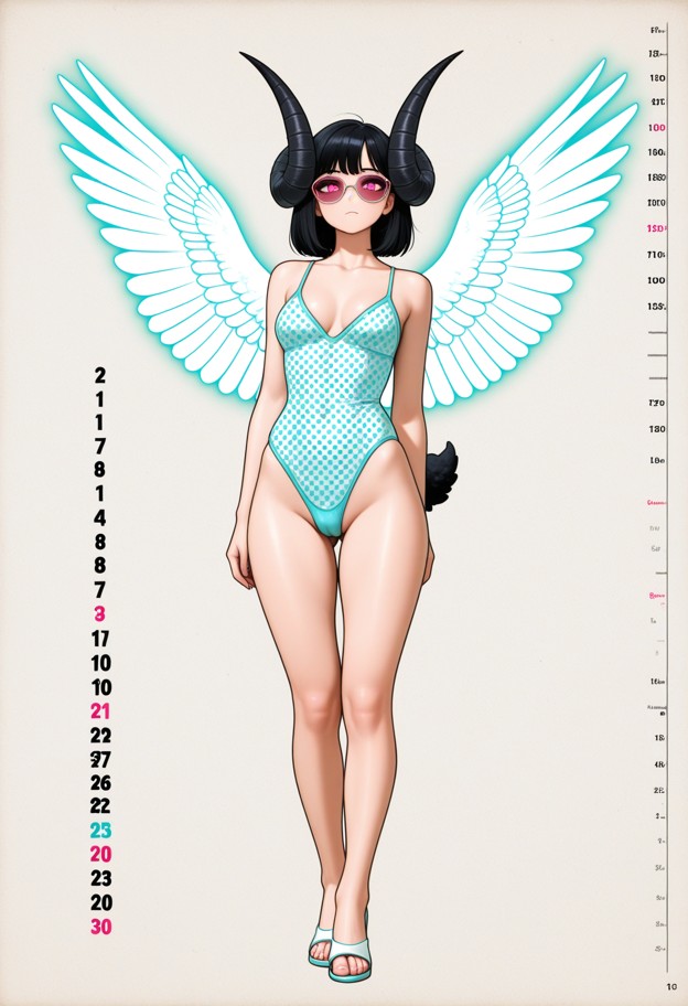 wide-angle
 full body shot,1950s vintage pin-up calendar illustration. a stunning 
woman in a high-waisted polka dot …