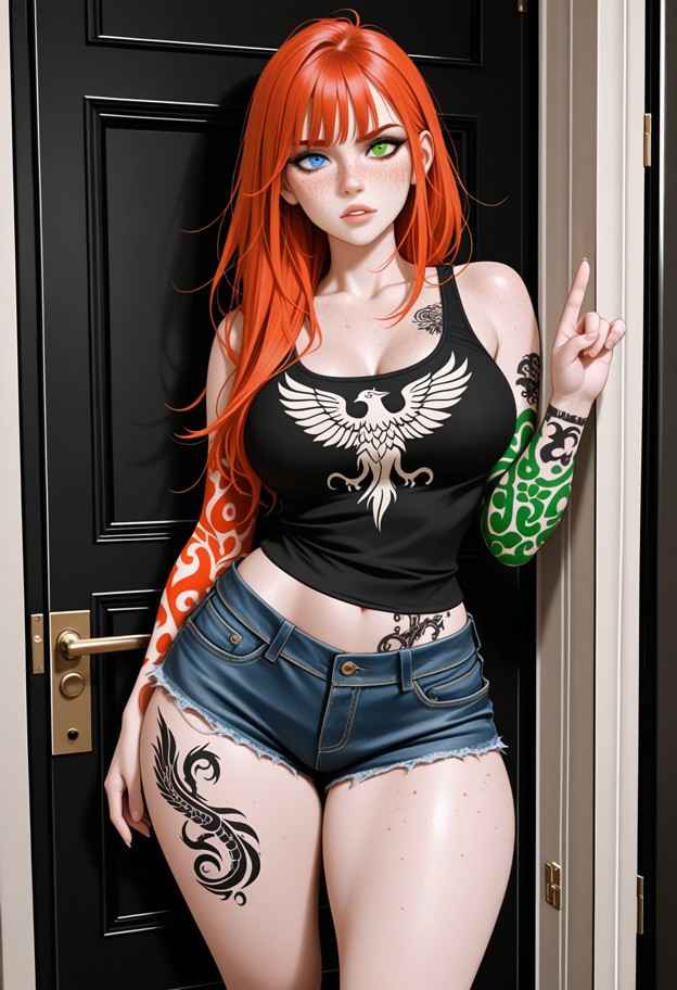 she is standing and pointing toward the door with an angry expression,black tank top,denim shorts,dimly lit tattoo wa…
