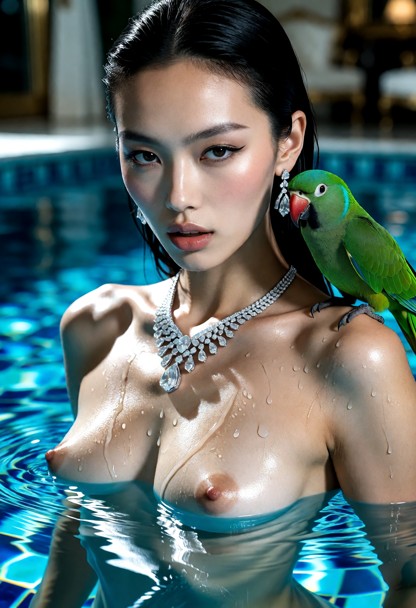 photorealistic high-fashion portrait of a glamorous woman half-submerged in a crystal-blue swimming pool, looking dir…