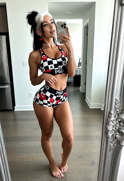A full-length vertical mirror selfie of an athletic young woman with black hair. She is taking the photo in an ornate…