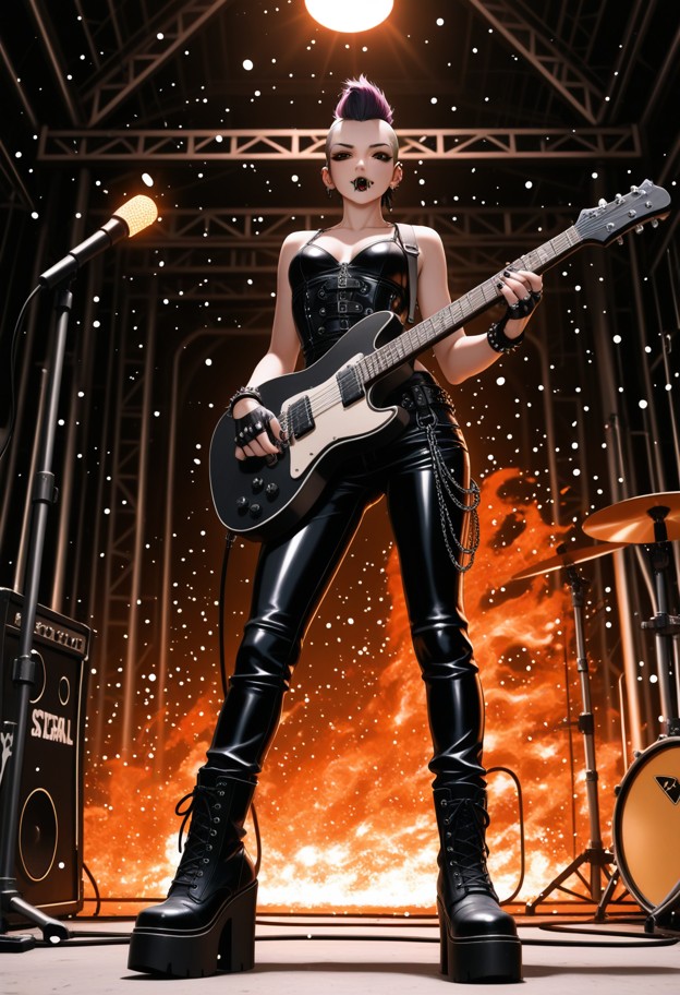 subject: a fierce female lead guitarist,"valkyrie of metal," performing center stage in a high-octane industrial meta…