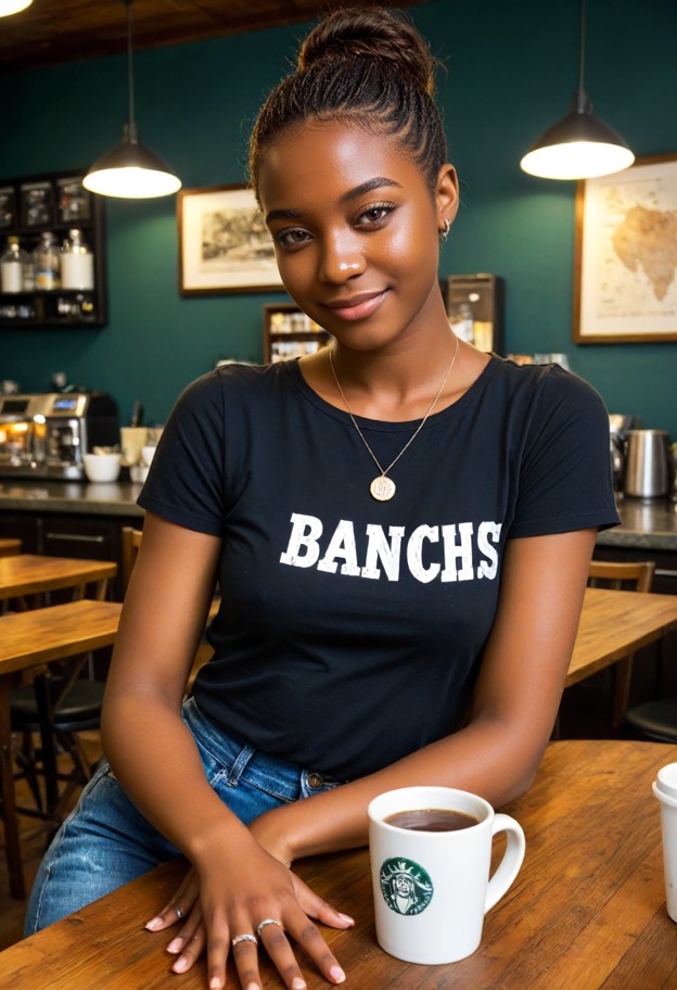 1girl sitting at table,faded black band tshirt,high-waisted blue jeans,solo,silver engagement ring,coffee shop,wooden…