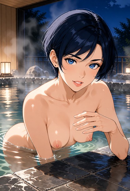 Location: evening at a luxury suite's private hot spring, where rising steam curls through the air and soft ambient l…