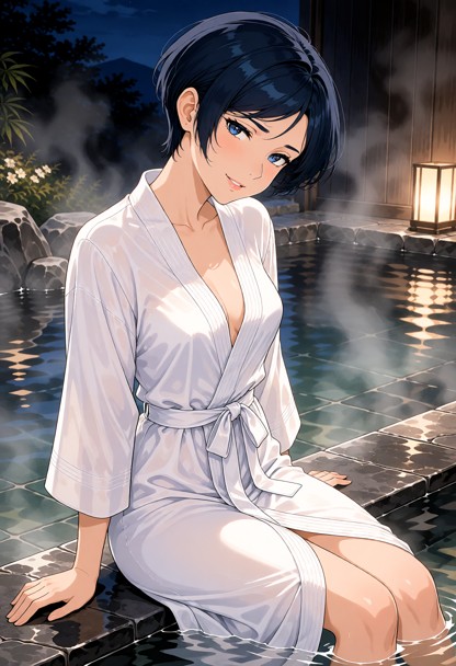 Location: evening at a luxury suite's private hot spring, where rising steam curls through the air and soft ambient l…