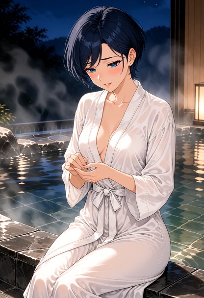Location: evening at a luxury suite's private hot spring, where rising steam curls through the air and soft ambient l…