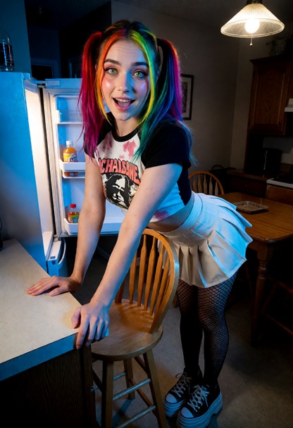 Location: dim apartment kitchen at night, with the cool blue glow from the open refrigerator clashing with the warm, …