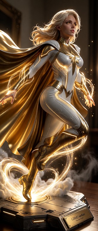 A highly detailed cinematic product-style image of **Celeste “The Gilded Guardian” Vance**, depicted as a perfectly s…