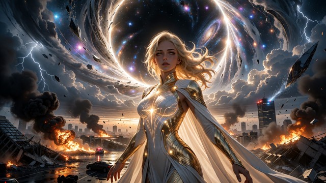 Extreme long shot, epic battle scene. She is suspended in mid-air facing a colossal interdimensional portal dominatin…