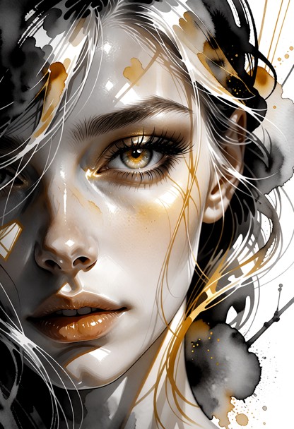 This is a black-and-white watercolor depicting a woman's face, rendered in a free and expressive style. The compositi…