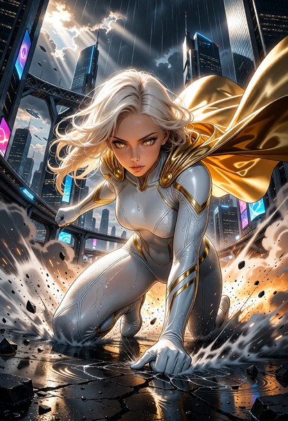 A single female superhero is captured in a breathtaking explosive superhero landing, crashing down with one knee and …