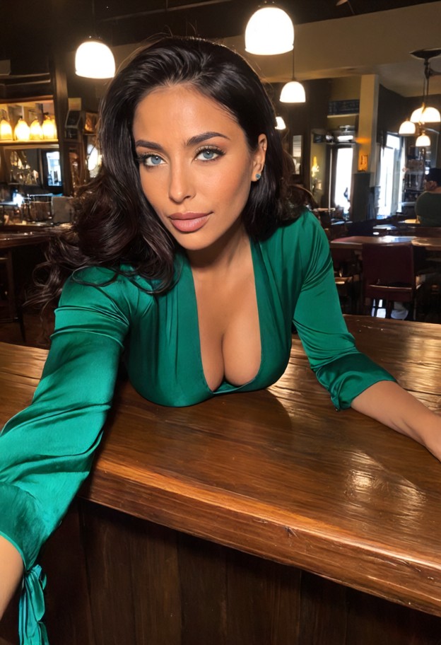 leaning forward over a table,emerald silk blouse,dark wooden table,cafe interior,medium shot,dim amber lighting,selfi…