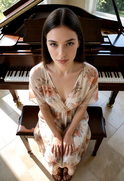 Location: a sunlit conservatory music room with a polished grand piano, with soft afternoon light streaming through c…