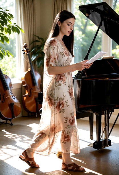 Location: a sunlit conservatory music with polished wooden instruments, a grand piano, with soft afternoon light stre…