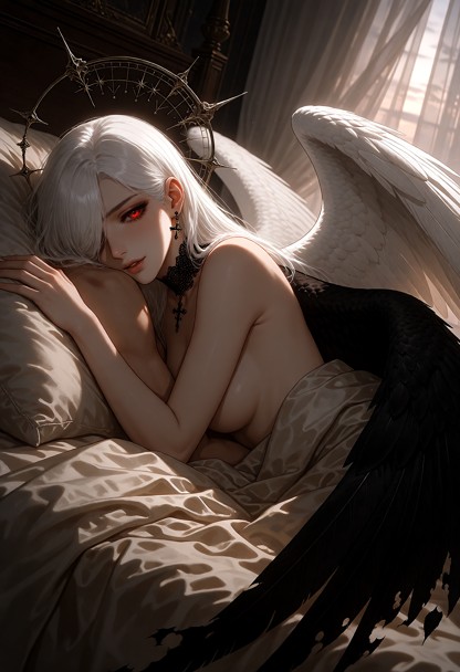 Location: early morning in a dimly lit bedroom where pale dawn light filters through gauzy curtains, casting soft, mu…