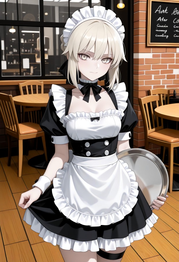 she is holding a tray in a cafe,maid outfit,black dress,white apron,maid headdress,frilled dress,puffy short sleeves,…