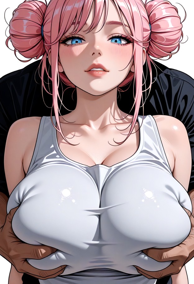 1girl 1boy,blushing,biting lips,slim body,neck out of frame,(clothed breasts frame only:2.0),bust focus,(clothed brea…