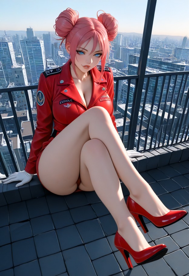 1girl,closup on feets,((high heels)),red high heels,perfect feets,footfetish,sitting,pilot uniform,jacket,gloves,avia…