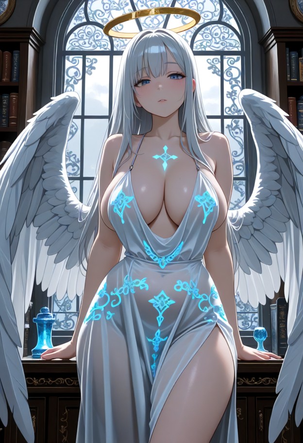1girl standing,bare shoulders,white silk gown,gentle touching face,seductive gaze,solo,marble wizard tower chamber,bo…