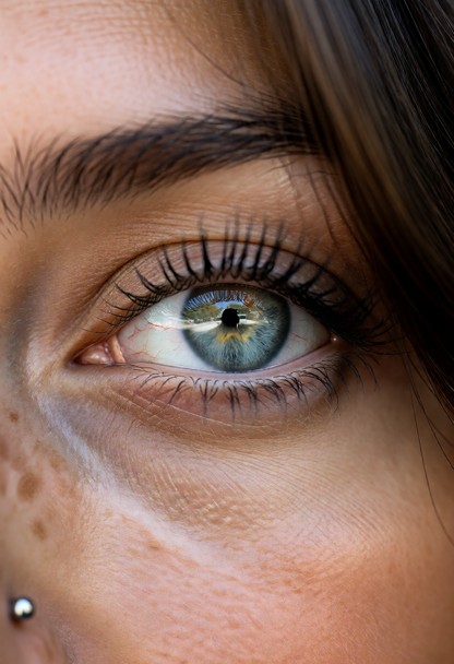 An extreme macro, close-up photograph capturing the human eye and surrounding face of a woman, with hyper-realistic d…