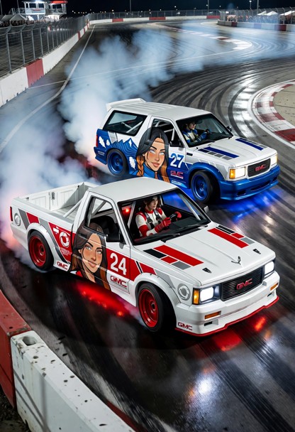 Exactly two rare early-1990s GMC drift vehicles perform a close tandem drift through a sweeping nighttime circuit cor…