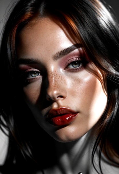 The image is a close-up, black and white portrait of a woman's face, rendered in a highly stylized and dramatic manne…