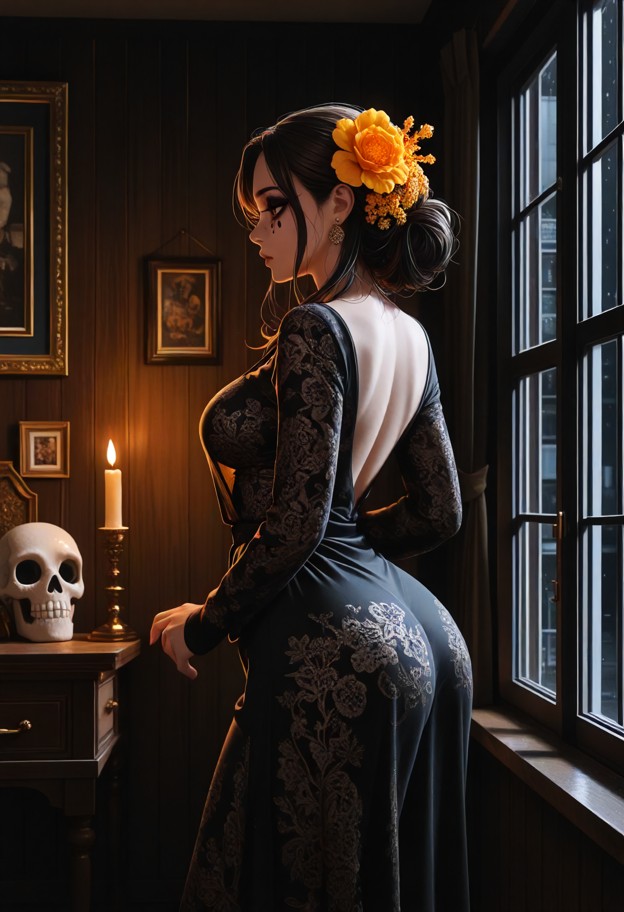she is is standing against the window with her back arched,colorful embroidered traditional dress,pulled up dress,bed…
