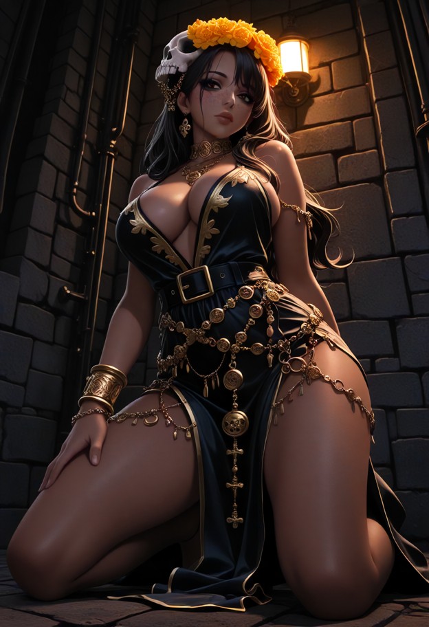 she is is kneeling in a dark alleyway unbuckling her belt,colorful embroidered traditional dress,bells on wrists,dark…