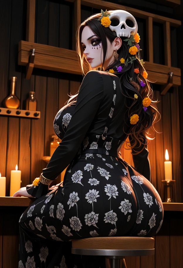 she is sitting on a bar stool and holding a hand,colorful embroidered traditional dress,bells on wrists,dim tavern,wo…