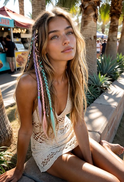 Location: bright afternoon at the Coachella food vendor area near several tall palm trees, with warm sunlight filteri…