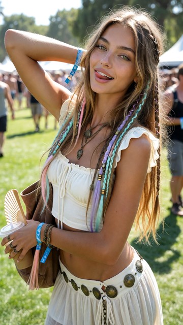 Adult woman standing outdoors on a sunny festival lawn, torso facing mostly toward camera with her weight shifted sub…