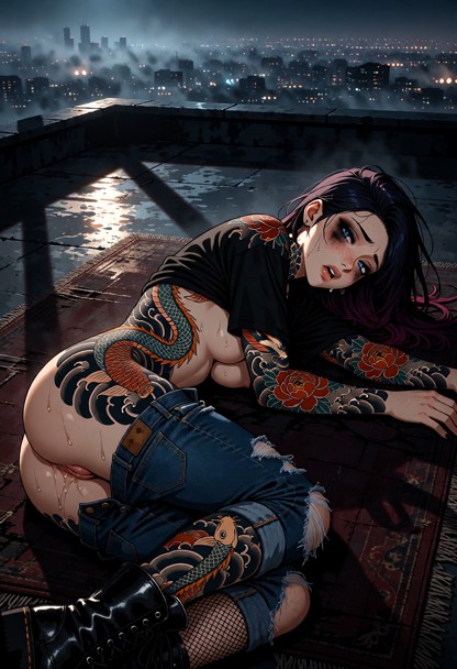 Location: a wide rooftop overlooking a sprawling cityscape at night, where the distant city lights glimmer like scatt…