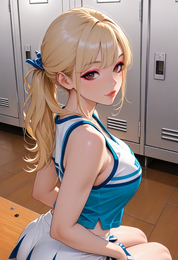she is is leaning towards the viewer,blue and white cheerleader uniform,short skirt,empty locker room,metal lockers,w…