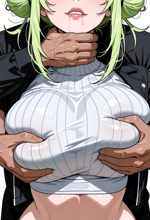 1girl 1boy,blushing,biting lips,drooling,slim body,big breasts,neck out of frame,(clothed breasts frame only:2.0),bus…