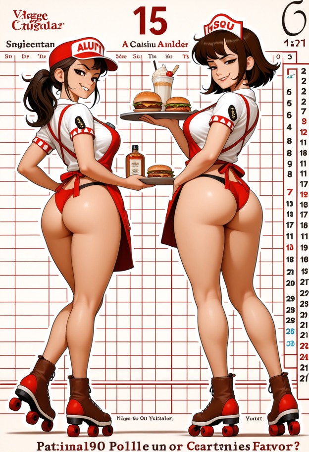 full body shot,(vintage 1950s pin-up calendar art:1.9). a cheerful waitress with a ponytail and a small soda-fountain…