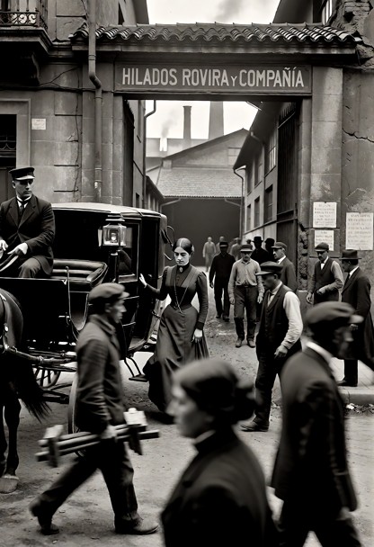 Barcelona, 1898. A bourgeois horse-drawn carriage pulled by one or two visible horses has just stopped in front of th…