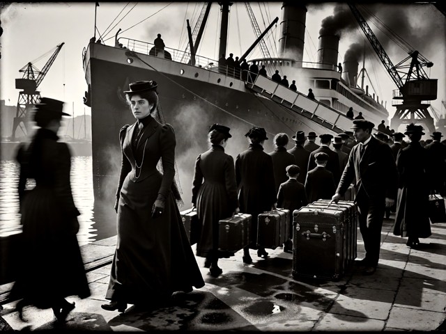 Vertical 9:16 dry plate photograph, Port of Barcelona, winter morning, 1898. A large coal-fired passenger steamship f…