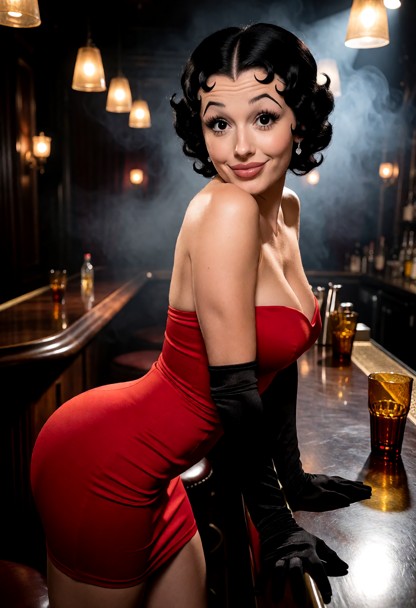 Location: dim, smoky jazz club at night with polished mahogany bar surfaces, amber-tinted glassware, and warm, low-ha…
