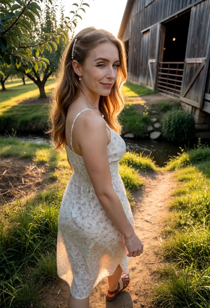 Location: late afternoon in a rustic farmyard near a large wooden barn, with golden sunlight filtering through the or…