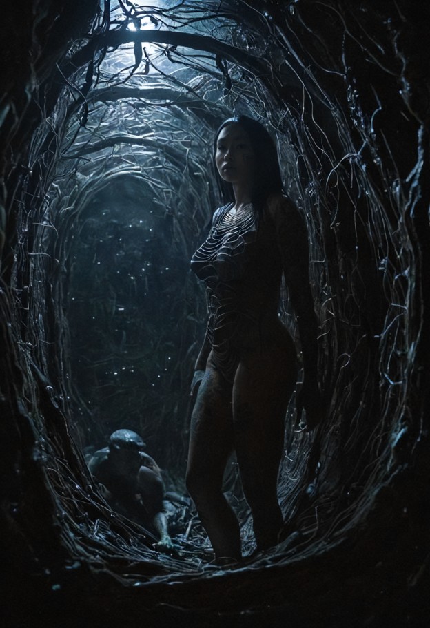 (two subjects clearly visible:1.9),(human trapped in cocoon:1.5)

cinematic wide shot of a dark sci-fi bio-organic hi…