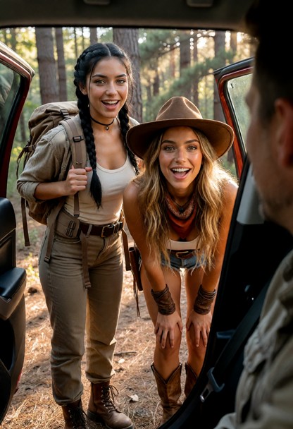 Subject wears a traveler outfit with a backpack, boots, and practical clothes. her clone wears a western outfit with …