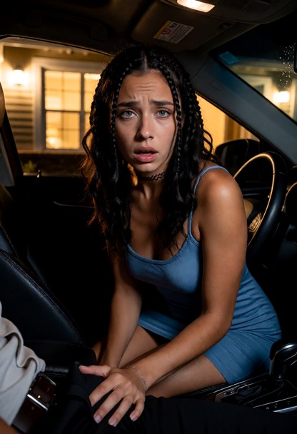 Location: night in a parked car in a quiet driveway, illuminated by the warm, golden glow from the large windows of a…
