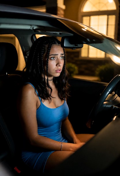 Location: night in a parked car in a quiet driveway, illuminated by the warm, golden glow from the large windows of a…