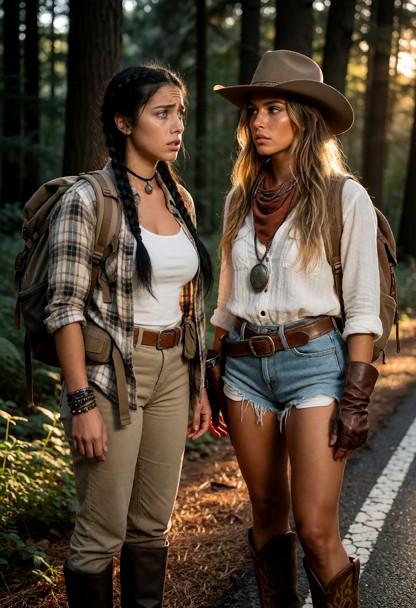 Subject wears a traveler outfit with a backpack, boots, and practical clothes. her clone wears a western outfit with …