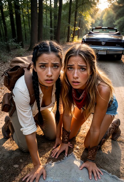 Subject wears a traveler outfit with boots, and practical clothes. her clone wears a western outfit with boots, denim…