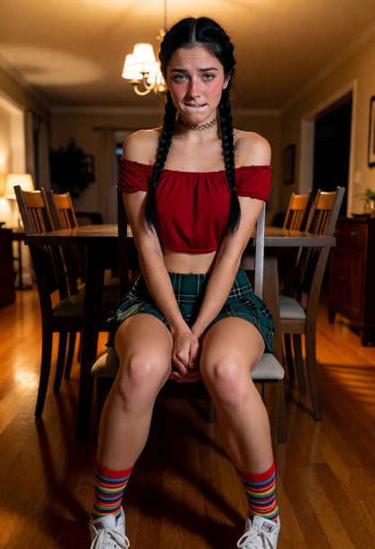 Location: night in a warm, cozy dining room where soft amber light from a low-hanging chandelier illuminates the wood…