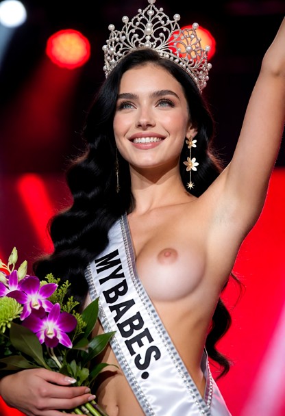 The woman is completely naked. A white ceremonial sash, trimmed in silver, crosses her torso, one of which is boldly …