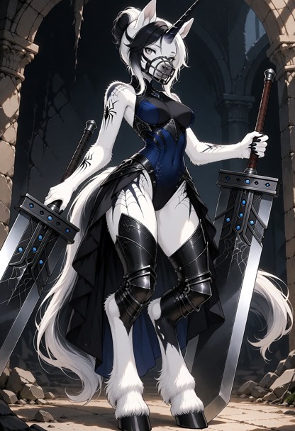 A highly detailed cinematic fantasy illustration of Lunar Widow, an adult female bipedal anthropomorphic unicorn mare…