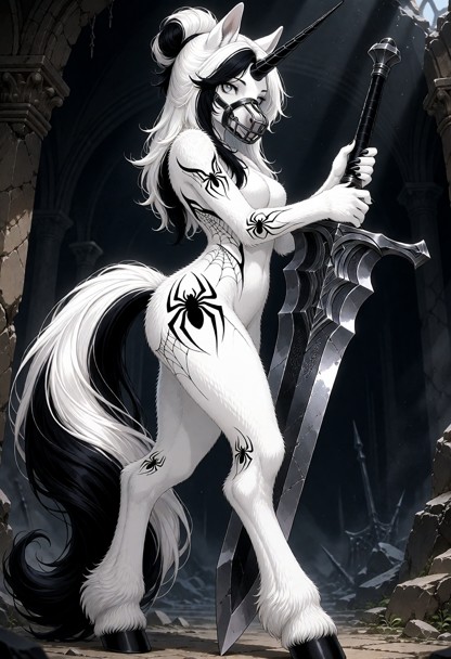 A highly detailed cinematic fantasy scene featuring Lunar Widow, an adult female bipedal anthropomorphic unicorn mare…