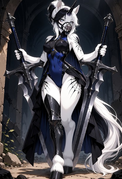 A highly detailed cinematic fantasy illustration of Lunar Widow, an adult female bipedal anthropomorphic unicorn mare…